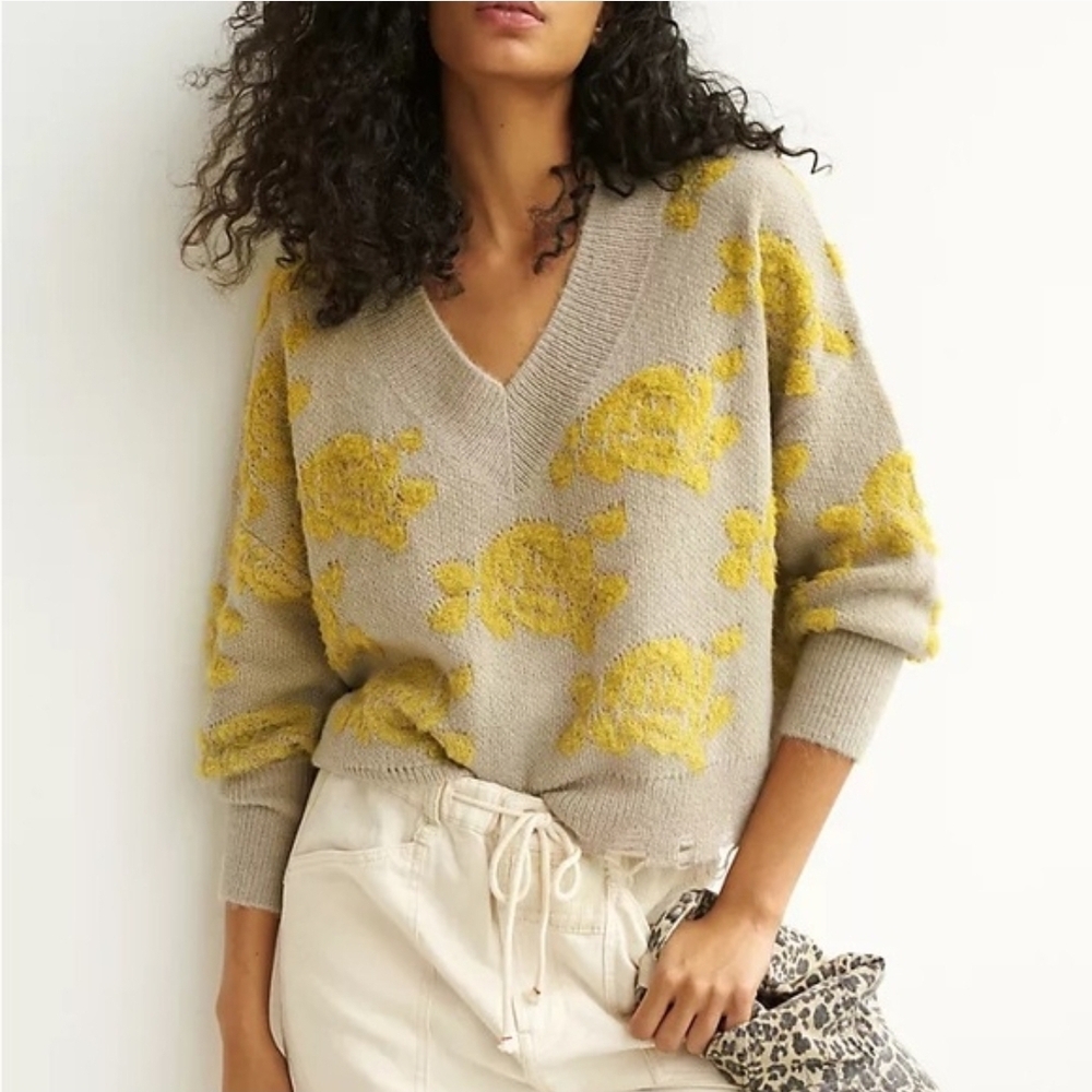 Anthropologie Beige V-Neck Sweater with Yellow Floral Motif